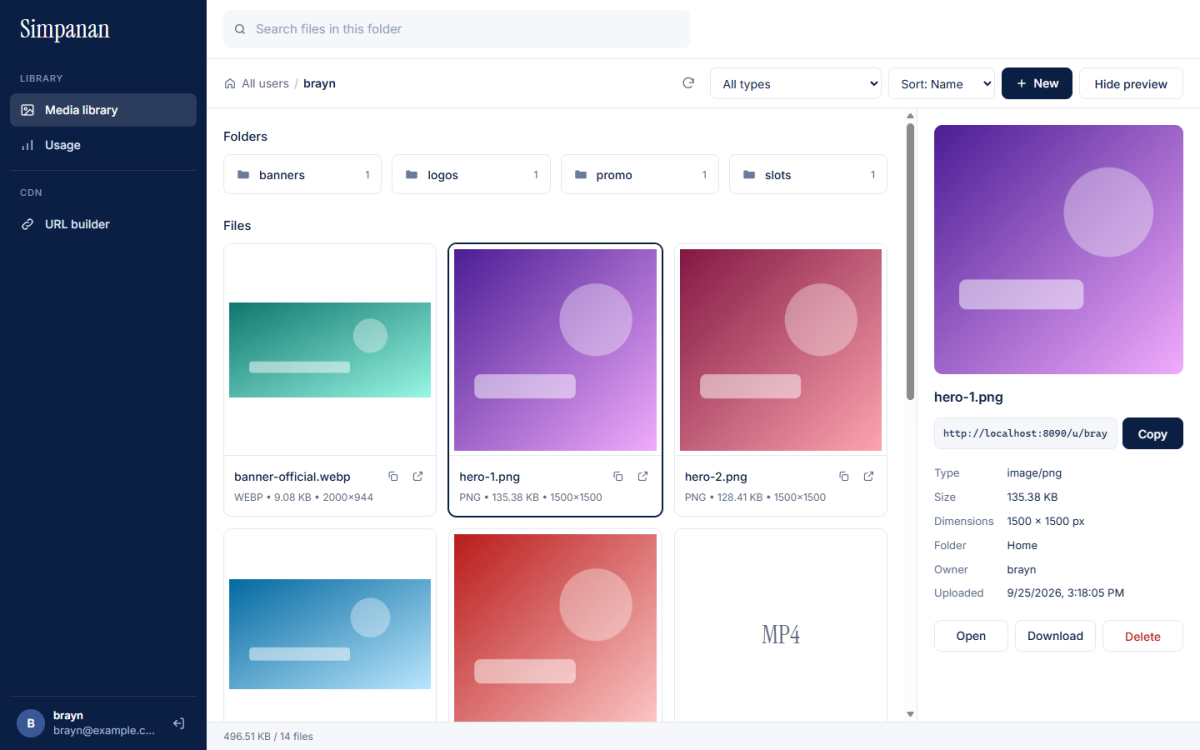 The Simpanan media library: folders, image cards with file size and dimensions, and a preview panel with the file's link and Open, Download and Delete buttons.